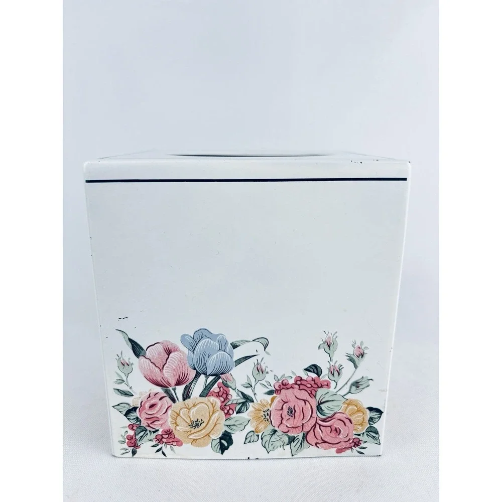 Andre Richard Floral Flowers Square Metal Tissue Box Vintage Retro Cottagecore